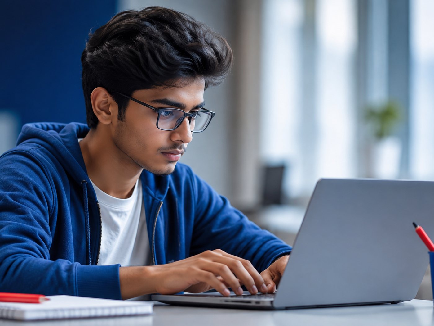 A student in glasses working through a lesson on a laptop, notebook open beside them.